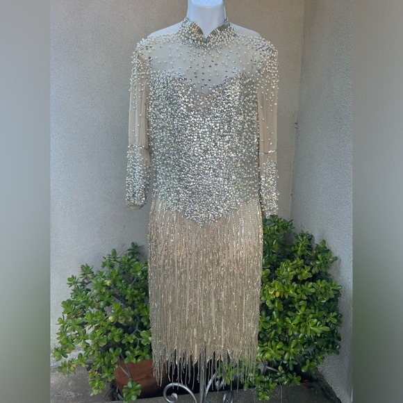 Vintage elegant cocktail dress beige sheer beads pearls sequins Peak Evenings XS - Picture 4 of 13